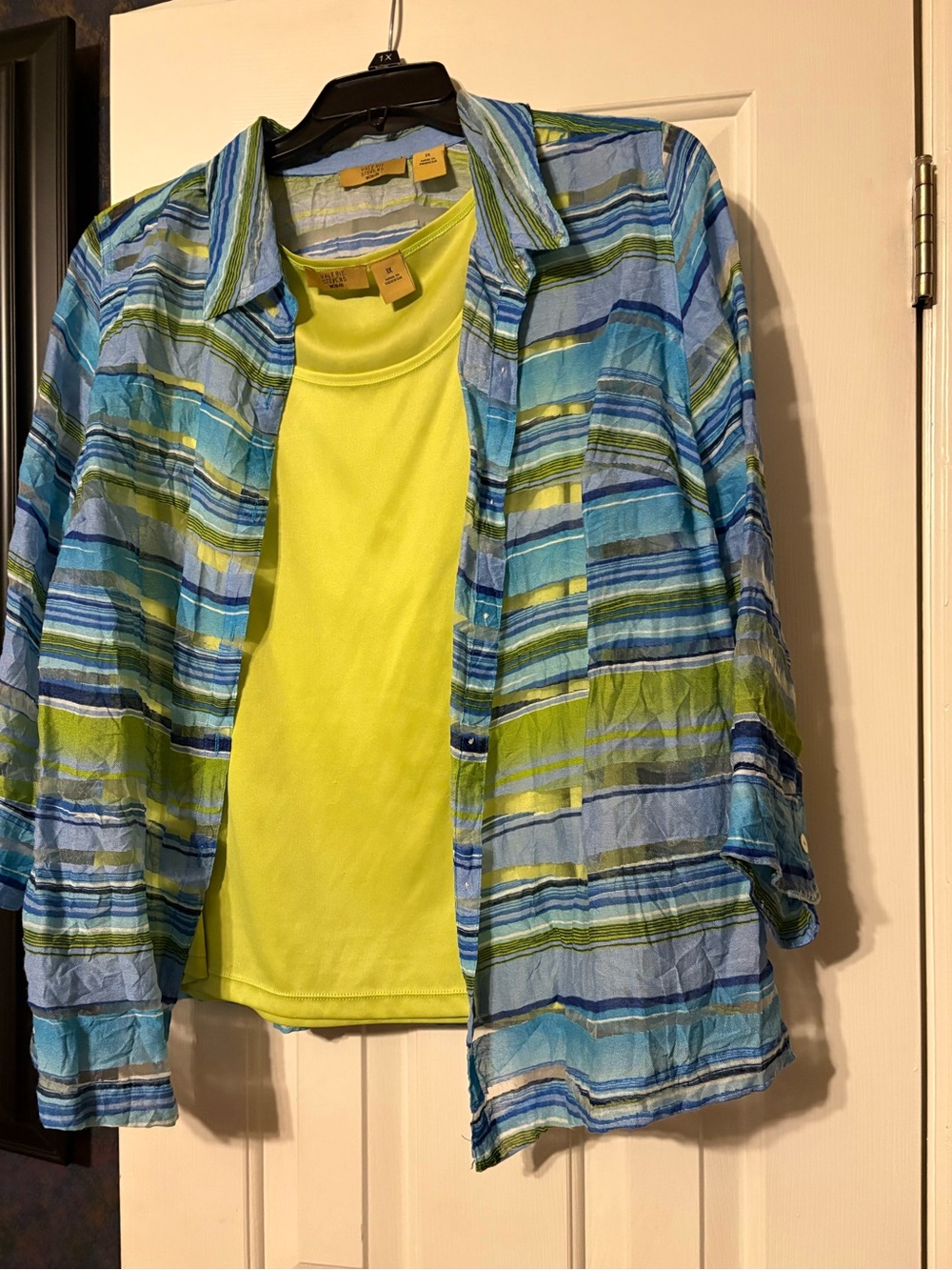 Valerie Stevens Striped Open Shirt with Lime Yellow Tank